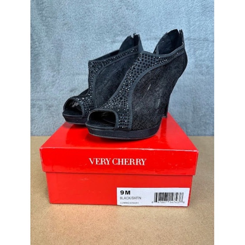 Very Cherry‎ Connie Black Satin Lace Rhinestone Peep Toe Bootie Heels 9M